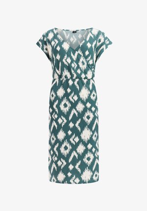 Tyrkysové šaty po kolená s bielym abstraktným diamantovým vzorom, krátkymi rukávmi, výstrihom do V a priliehavým pásom.