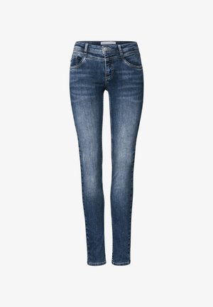 Schmale blaue Jeans aus Denim mit leichter Ausbleichung, fünf Taschen und silbernem Beschlag. Glatte Textur und standardmäßige Gürtelschlaufen vorhanden.