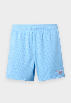 Svetlo modri mrežasti športni kratki hlače z elastičnim pasom in majhno oznako »Polo Sport Ralph Lauren« z ameriško zastavo na spodnjem desnem delu noge.
