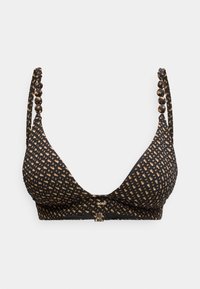 Μπικίνι τοπ με μαύρο και μπεζ σχέδιο, με τιράντες στους ώμους διακοσμημένες με χάντρες και μικρό κούμπωμα μπροστά, σε λευκό φόντο.