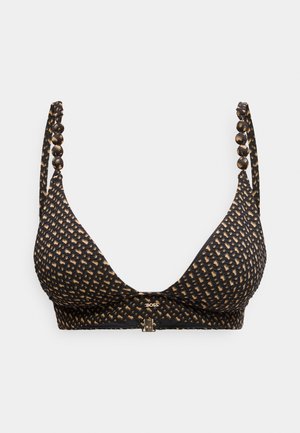 Svart og beige bikinioverdel med mønster, perlede skulderstropper og en liten lås foran, vist mot en hvit bakgrunn.