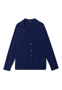 Navyblauwe longsleeve shirt met een kraag, knoopsluiting aan de voorkant en een zachte textuur. Voorzien van plooien bij de schouders en een subtiele glans.