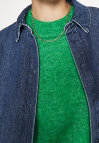 Jeanjacka i mörkblått, med krage och knappar. Under jackan en grön stickad tröja med texturerad yta. Guldhalsband synligt.