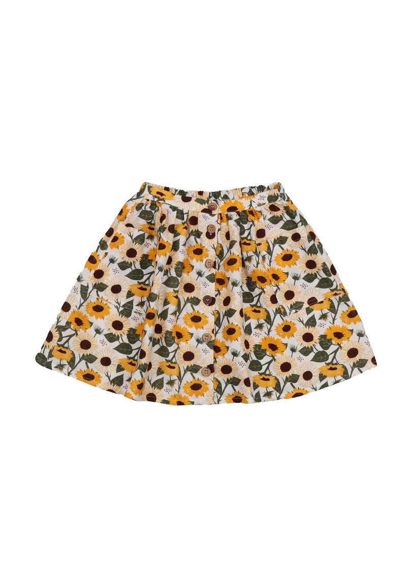 Floral A-line skirt with yellow and brown sunflowers on a white background. Elastic waistband with brown buttons at the front. Cotton material.