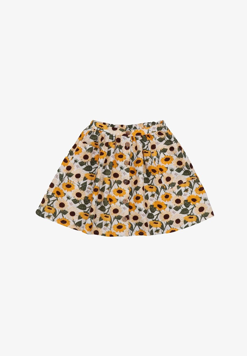 Floral A-line skirt with yellow and brown sunflowers on a white background. Elastic waistband with brown buttons at the front. Cotton material.