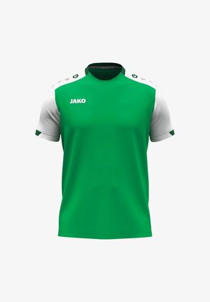 Maillot de sport vert avec des manches et des accents blancs. Il dispose d'un col rond, de manches courtes et du logo "JAKO" en blanc sur le devant.