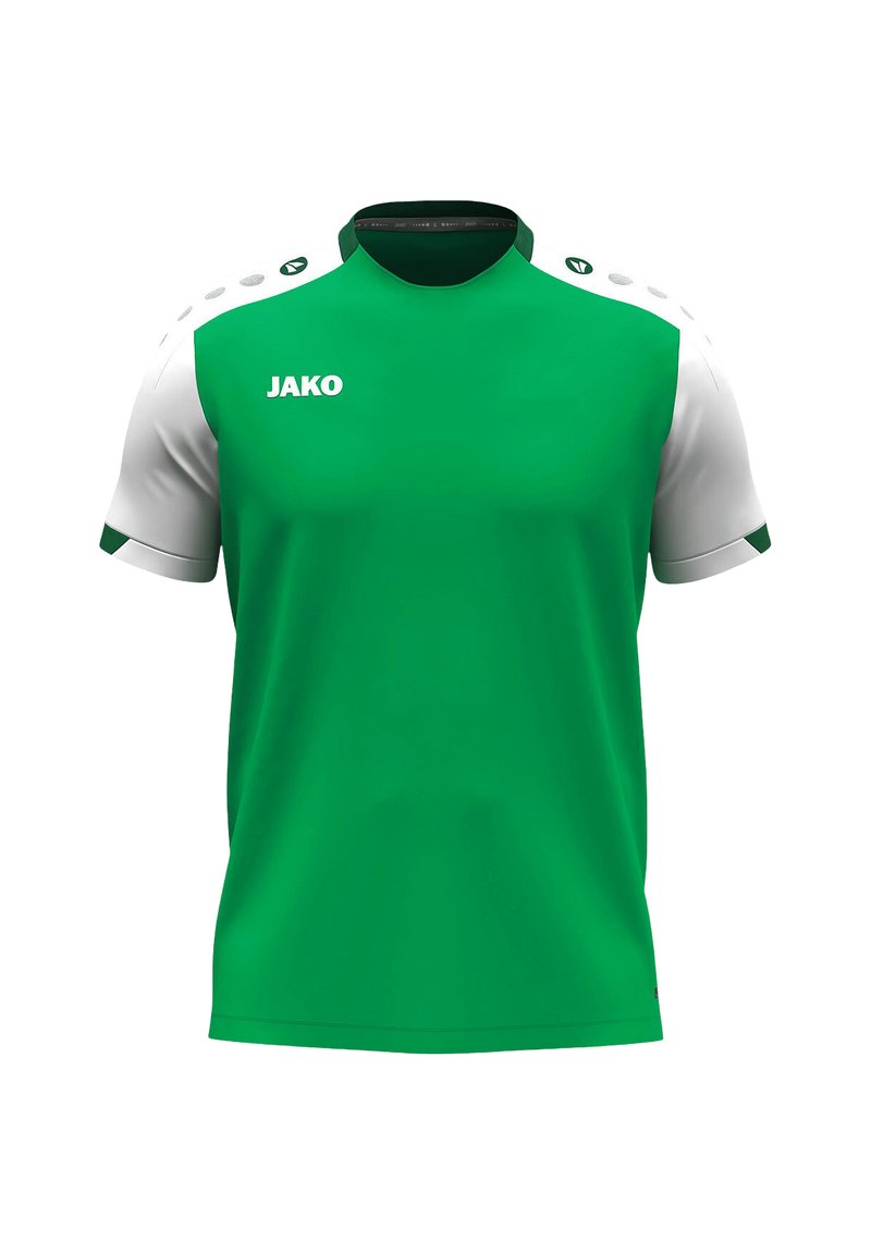 Maglia sportiva verde con maniche e dettagli bianchi. Presenta un colletto rotondo, maniche corte e il logo "JAKO" in bianco sul davanti.