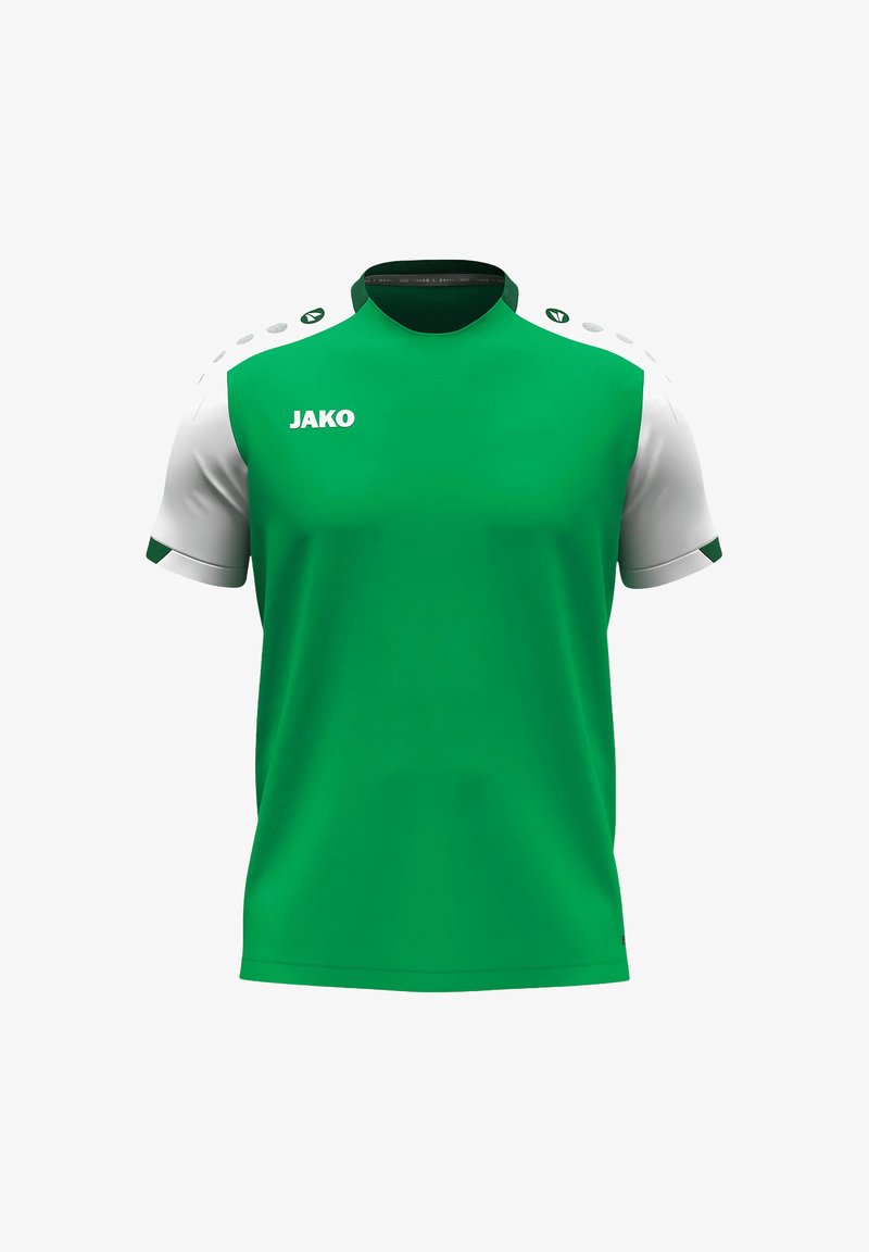 Maglia sportiva verde con maniche e dettagli bianchi. Presenta un colletto rotondo, maniche corte e il logo "JAKO" in bianco sul davanti.