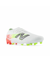 White soccer cleat with neon green and red sole studs, black and neon green "N" logo, and gradient red to yellow pattern on the heel.