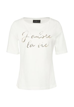 T-shirt da donna a maniche corte bianco con scritta in paillettes dorate "j'adore la vie" e scollatura rotonda.