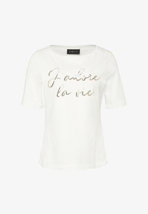 Biała koszulka damska z krótkim rękawem, ozdobiona złotymi cekinami z napisem "j'adore la vie" oraz okrągłym dekoltem.