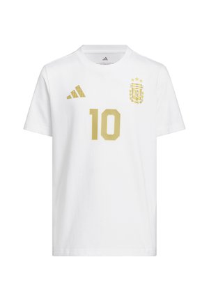 Maillot de football blanc à manches courtes avec le numéro 10 doré, l'écusson de l'Association de football d'Argentine et le logo Adidas doré sur la poitrine.