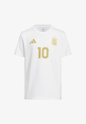 Maillot de football blanc à manches courtes avec le numéro 10 doré, l'écusson de l'Association de football d'Argentine et le logo Adidas doré sur la poitrine.