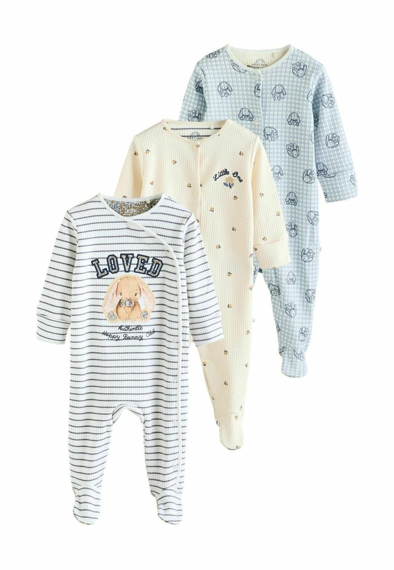 Drie baby rompertjes: één gestreept met een konijnafbeelding, één crèmekleurig met gouden stippen en één blauw geruit met pootafdrukken; gemaakt van zachte katoen.