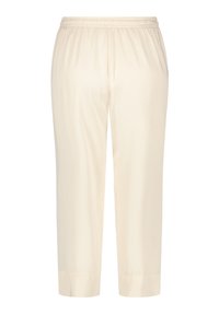 Pantalons en satin légers de couleur crème avec une taille élastique et une longueur cropped, présentant une texture lisse et un design simple.