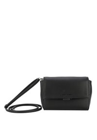 Borsa a tracolla in pelle nera con finitura testurizzata, chiusura a pattina, hardware silver e tracolla regolabile. Forma compatta rettangolare.