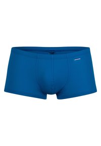 Blue men's trunk-style underwear with smooth fabric, fitted design, and minimal stitching. Features a small brand tag on the front.