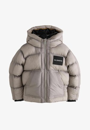 Lichte grijze pufferjack met capuchon, rits aan de voorkant, twee grote zakken en een ALLSAINTS-logo op de linkerborst.