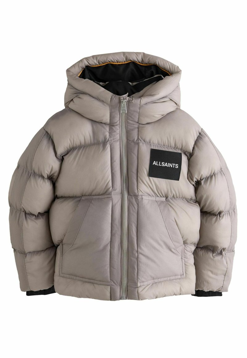 Puffjacka i ljusgrått med huva, frontdragkedja, två stora fickor och en ALLSAINTS-logotyp på vänster bröst.