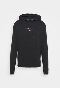 Felpa nera con cappuccio realizzata in tessuto misto cotone. Presenta una tasca frontale a marsupio, cappuccio con cordini e logo "TOMMY HILFIGER" in bianco e rosso.