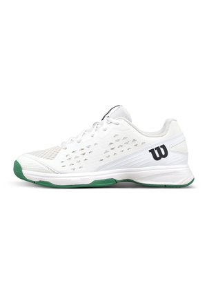 Weißer Sportschuh mit grünen Akzenten an der Sohle, atmungsaktivem Netzmaterial, Schnürsenkeln und schwarzem "W"-Logo an der Schuhferse.