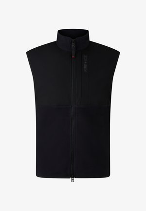 Zwarte mouwloze vest met hoge kraag, gemaakt van soepel, duurzaam materiaal. Heeft een volledige ritssluiting aan de voorkant en een logo dat op de zijkant is gedrukt.