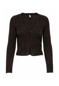 Dark brown, cropped cardigan with a V-neck, long sleeves, and five button closures. The material appears soft and fuzzy.