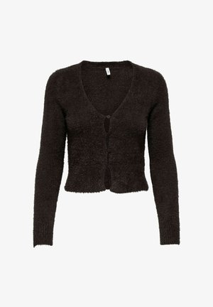 Tamno smeđi, skraćeni kardigan s V-izrezom, dugim rukavima i s pet dugmadi. Materijal izgleda mekano i pahuljasto.