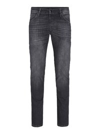 Jeans de denim gris oscuro con corte ajustado, que cuentan con cinco bolsillos, un cierre frontal con botón y detalles de desgaste sutil.