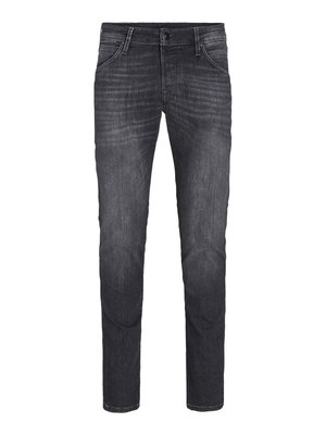 Dark grey denim jeans with a slim fit, featuring five pockets, a front button closure, and subtle whiskering details.