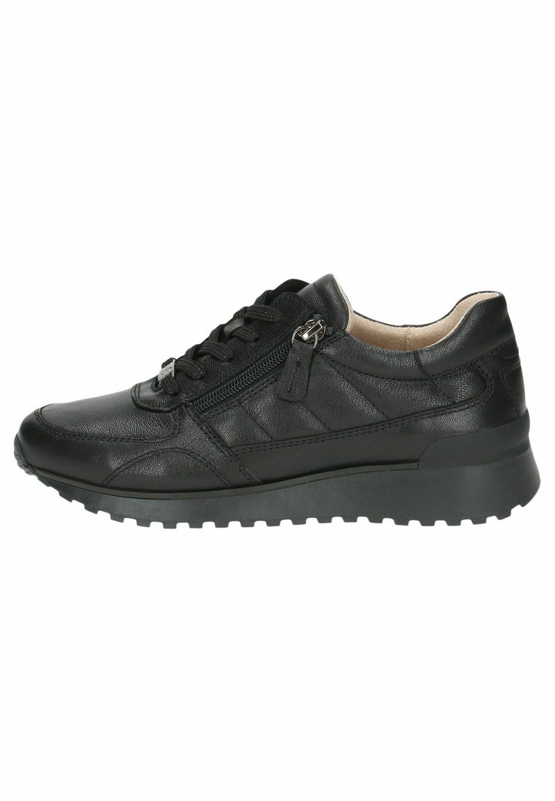 Black leather sneaker with lace-up front, side zipper, padded collar, and textured rubber sole, shown in profile on white background.