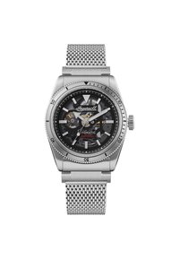 Silberne Automatik-Uhr mit einem Mesh-Armband, schwarzem Ziffernblatt, sichtbaren inneren Mechaniken und einer drehbaren Lünette mit erhabenen Minutenmarkierungen.