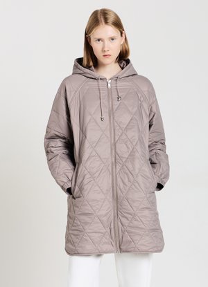 Quilted, hooded jacket in a muted taupe color; features a full-length zipper, side pockets, and a relaxed fit with elastic cuffs.