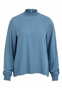 Modrý dlouhý rukáv s vysokým smockovaným límcem, nařasenými manžetami a uvolněným střihem. Hladká textura, minimalistický design. Zapínání na zip na zádech.