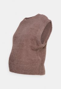 Sweater sem mangas em um tecido macio e castanho claro com uma textura peluda, apresentando um decote redondo e bainha canelada.