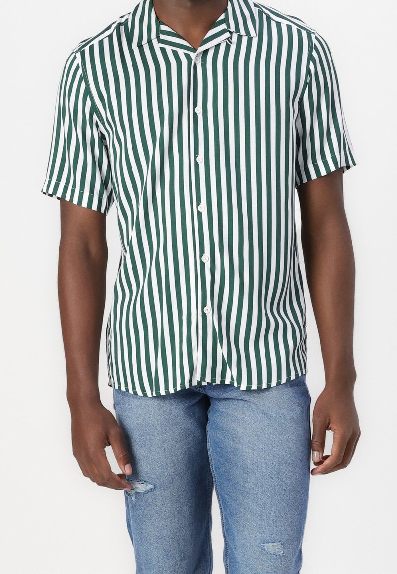 Camicia a maniche corte a righe verdi e bianche con colletto, dotata di una chiusura a bottoni frontale e una vestibilità comoda. Indossata con jeans blu strappati.
