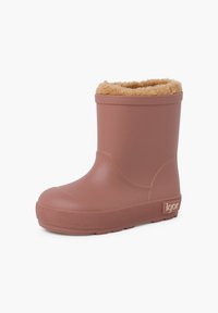 Waterdichte roze rubberen laars met een structuursole en een nep bontvoering voor isolatie. Heeft een reliëflogo aan de zijkant.