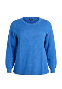 Maglione blu a maglia con un motivo testurizzato, scollatura rotonda, maniche lunghe e polsini e orlo a costine. Nessun hardware o dettaglio notevole presente.
