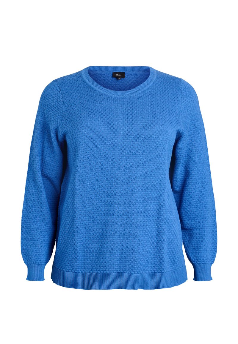 Maglione blu a maglia con un motivo testurizzato, scollatura rotonda, maniche lunghe e polsini e orlo a costine. Nessun hardware o dettaglio notevole presente.