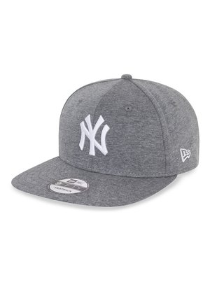Gray baseball cap made of fabric, featuring a white embroidered logo on the front, flat brim, and snapback closure at the rear.