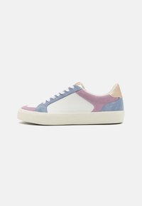 Sneakers with a white leather body, lavender and blue suede accents, cream rubber sole, and white laces. Features a rounded toe design.