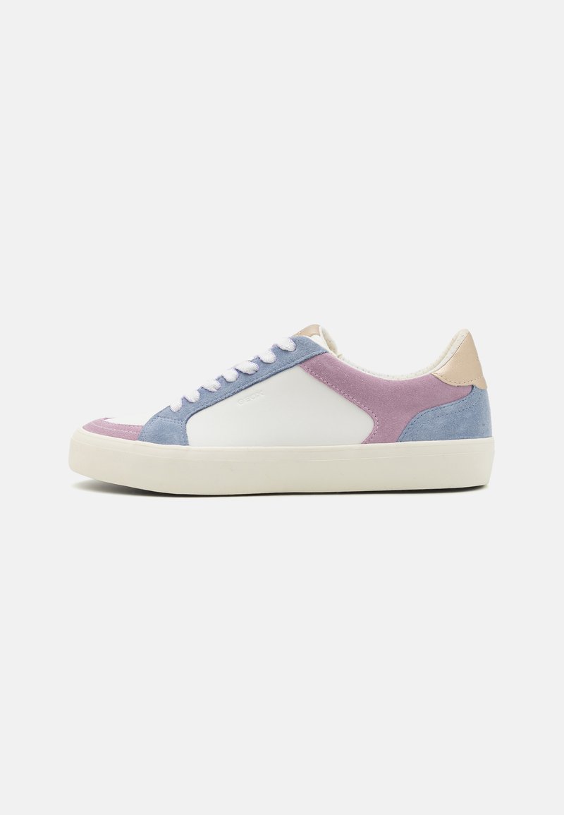 Sneakers with a white leather body, lavender and blue suede accents, cream rubber sole, and white laces. Features a rounded toe design.