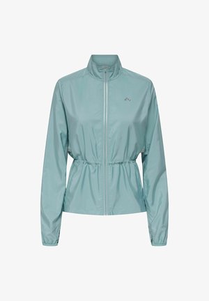 Leichte, mintgrüne Jacke mit Reißverschluss vorne, hohem Kragen, elastischem Bund und langen Ärmeln. Verfügt über ein dezentes Logo auf der Brust.