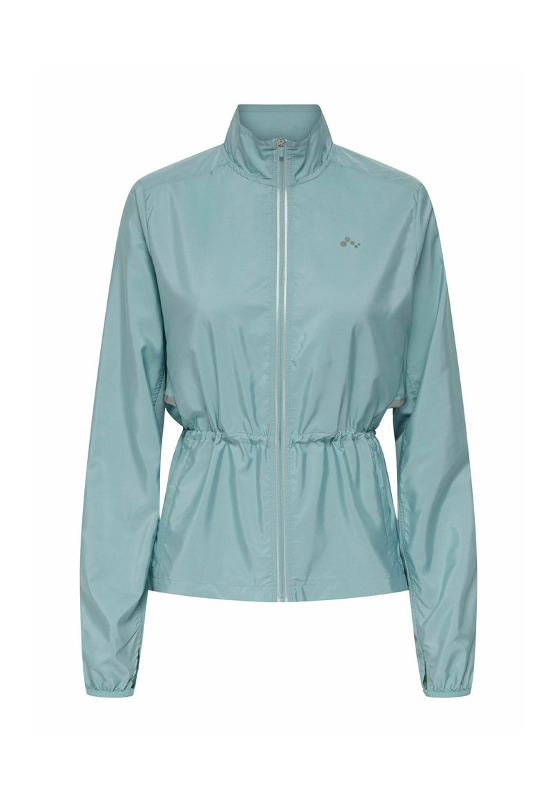 Veste légère vert menthe avec fermeture éclair sur le devant, col montant, taille élastique et manches longues. Présente un logo discret sur la poitrine.