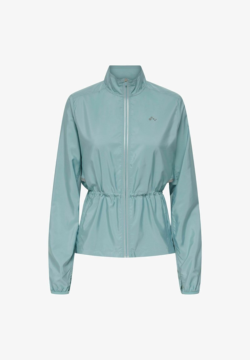 Veste légère vert menthe avec fermeture éclair sur le devant, col montant, taille élastique et manches longues. Présente un logo discret sur la poitrine.