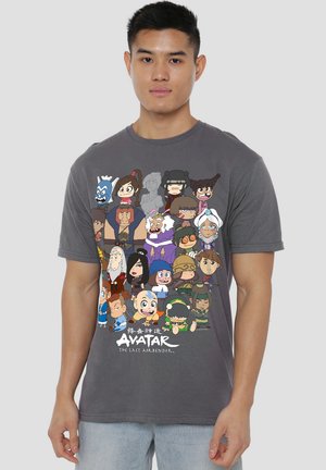 Gray cotton t-shirt featuring various cartoon characters from "Avatar: The Last Airbender" in vibrant colors, with a graphic print on the front.