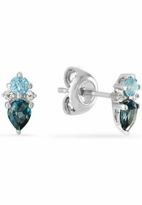 Ohrringe aus Sterling Silber mit einem runden hellblauen Stein, der auf einem tropfenförmigen dunkelblauen Stein sitzt, akzentuiert von kleinen klaren Steinen.