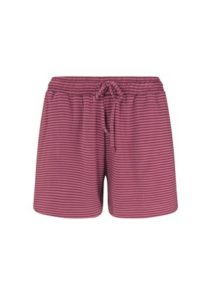 Roze en bordeauxrode horizontaal gestreepte korte broek met elastische tailleband en koordje voor, weergegeven op een witte achtergrond.