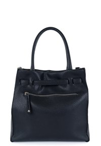 Borsa a mano in pelle nera con superficie texturizzata, due manici, tasca frontale con zip e forma strutturata. Presenta un corpo piatto e spazioso.