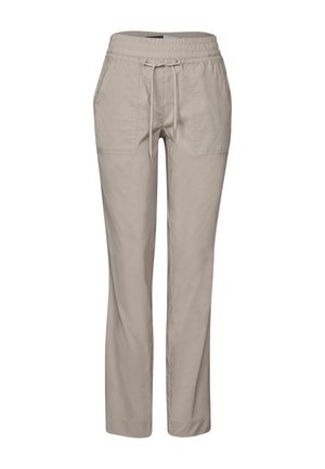 Béžové kalhoty ze směsi bavlny s elastickým pasem, stahovací šňůrkou a dvěma předními kapsami. Rovný střih s hladkou texturou.